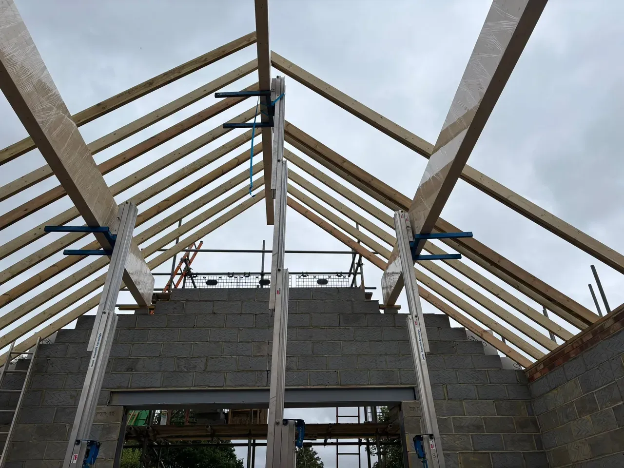 Ridge beam and steel installed for the vaulted ceiling